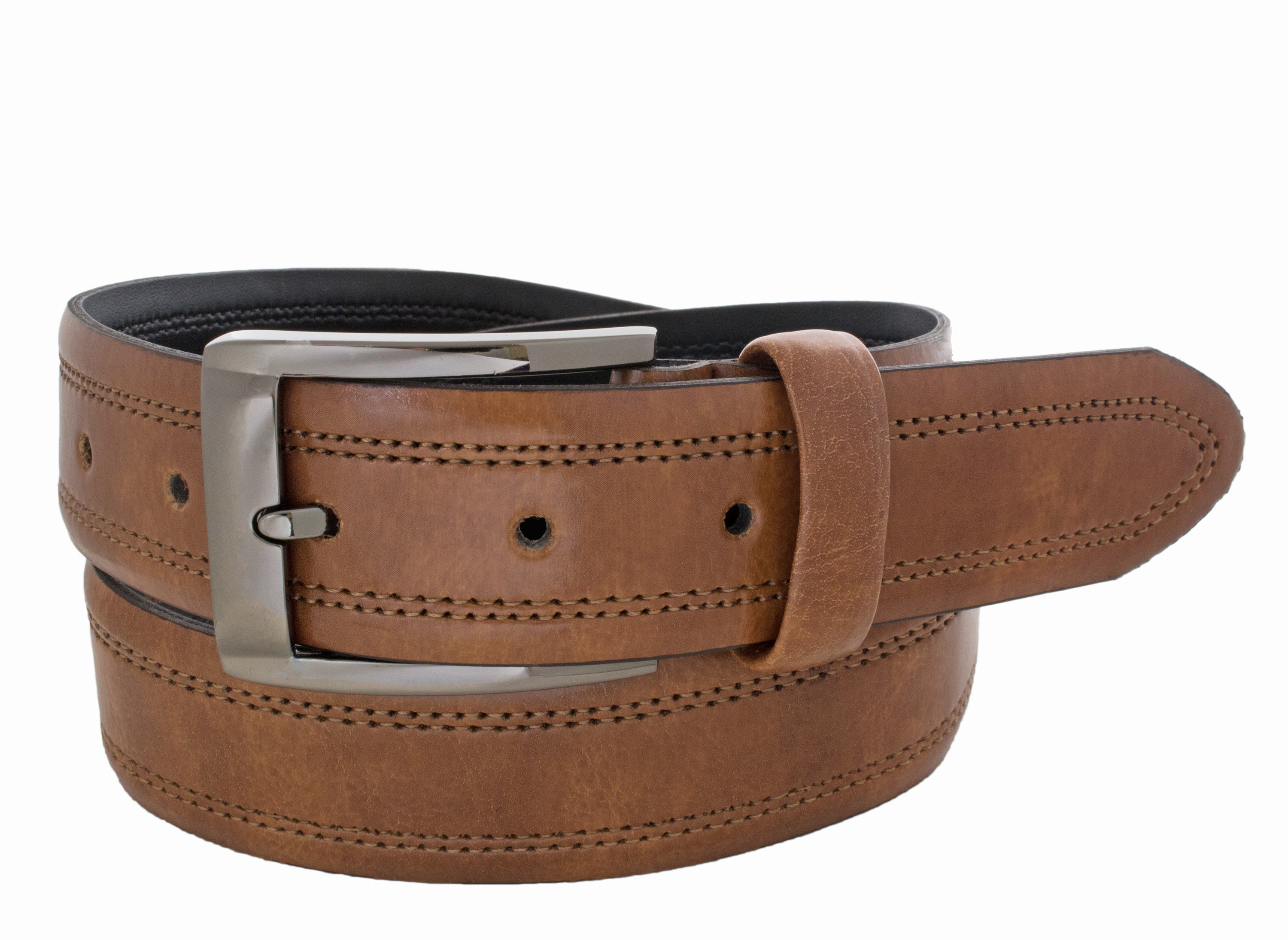 Style 10235 - 35mm Inset Double Stitched Men's Leather Dress Belt Dark Tan / 44 / Mens Style 10235 - 35mm Inset Double Stitched Men's Leather Dress Belt Dark Tan / 44 / Mens