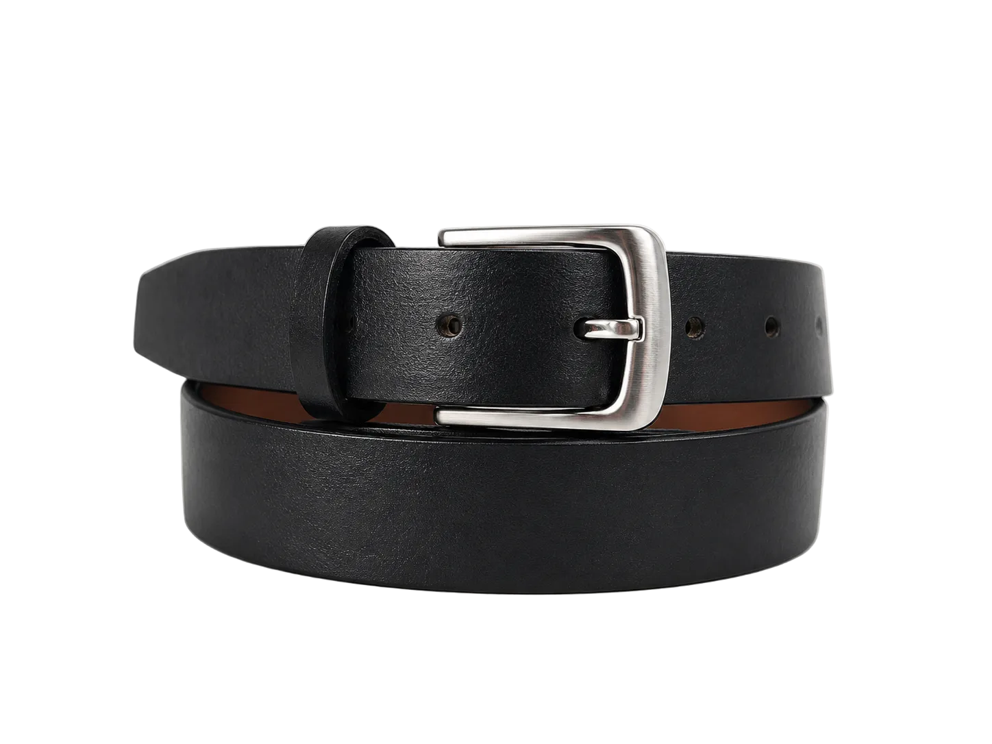 A black leather belt with a silver-tone metal buckle, neatly coiled on a light gray background.