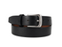 A black leather belt with a silver-tone metal buckle, neatly coiled on a light gray background.