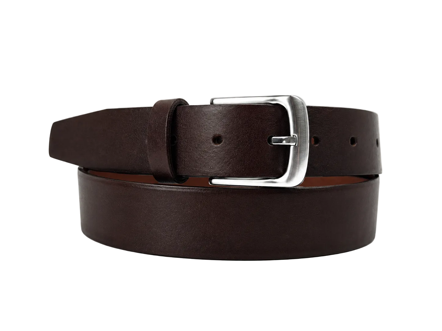 A dark brown leather belt with a polished silver-tone metal buckle, neatly coiled on a light gray background.