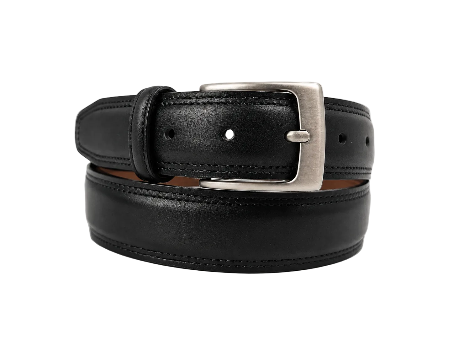 A black leather belt with a silver-tone metal buckle, neatly coiled on a light gray background.