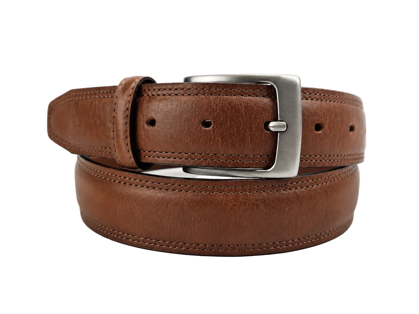 A brown leather belt with a silver metal buckle, neatly coiled on a light gray background.