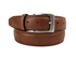 A brown leather belt with a silver metal buckle, neatly coiled on a light gray background.