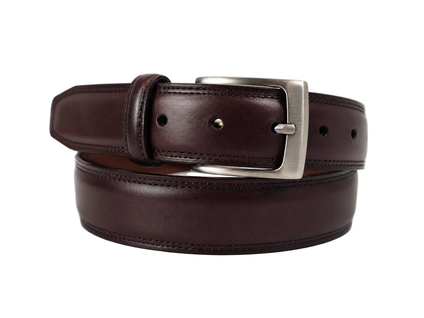 A dark brown leather belt with a silver-tone metal buckle, neatly coiled on a light gray background.