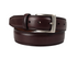 A dark brown leather belt with a silver-tone metal buckle, neatly coiled on a light gray background.