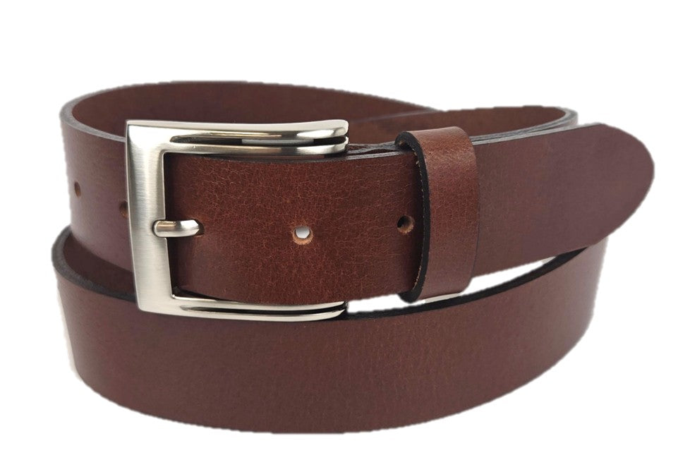 Brown leather belt with a silver buckle on a white background