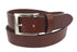 Brown leather belt with a silver buckle on a white background