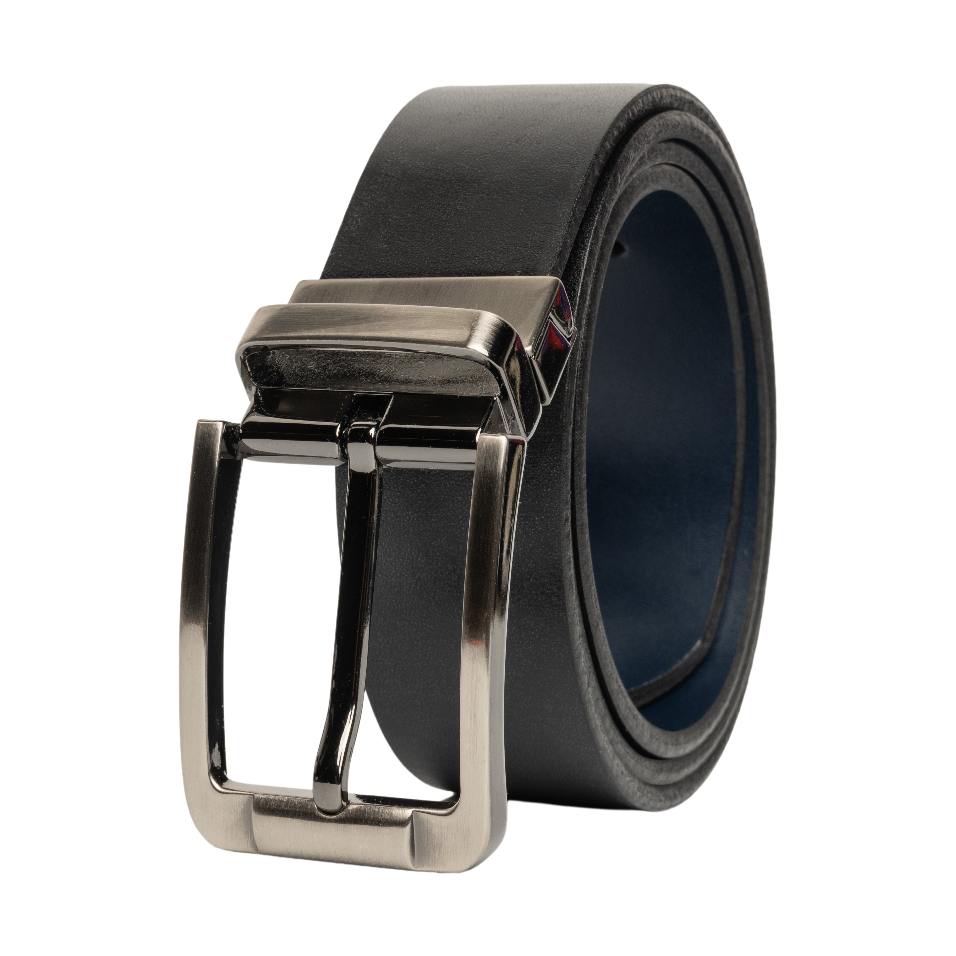 Black leather belt with a silver buckle on a white background