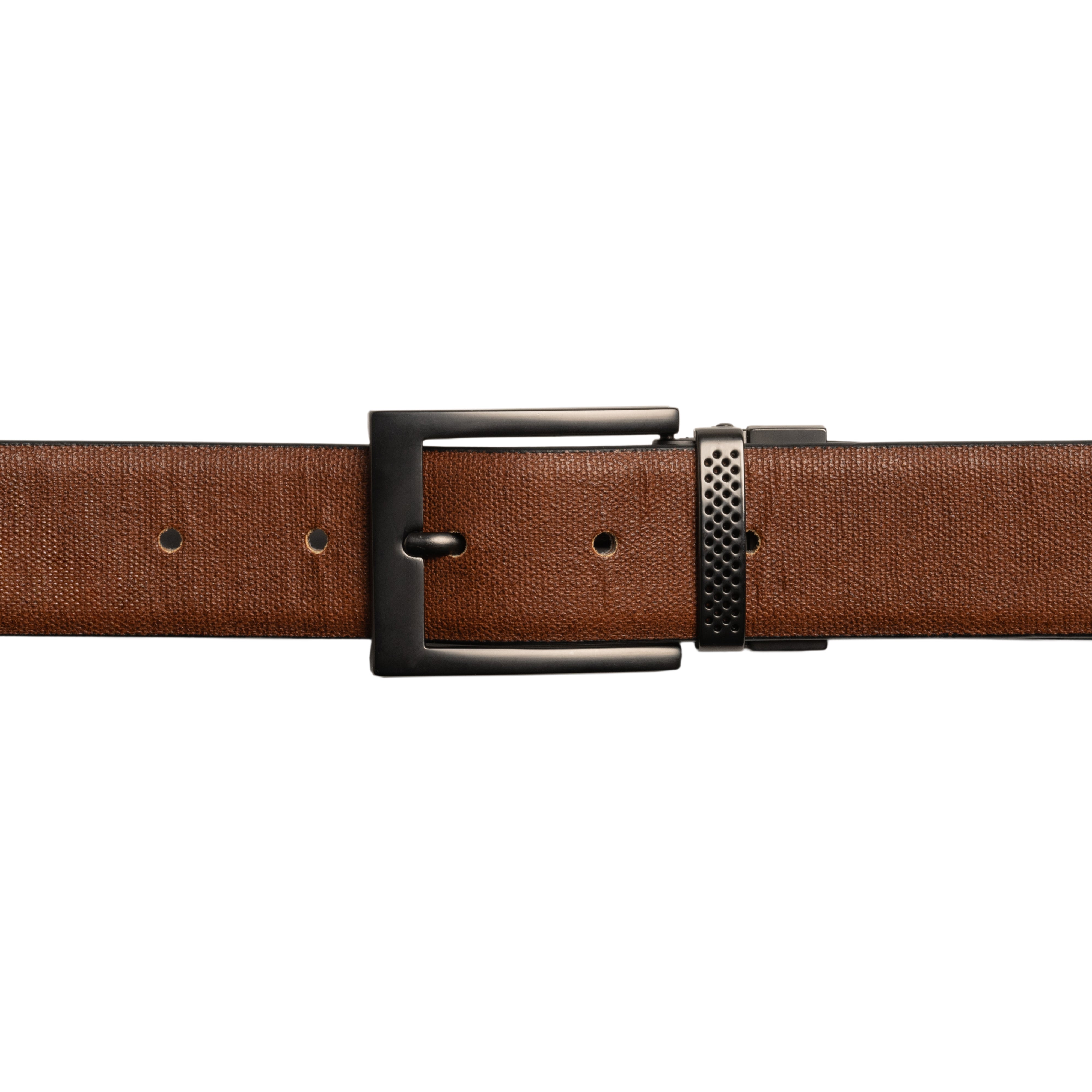 Brown belt with a black buckle on a white background