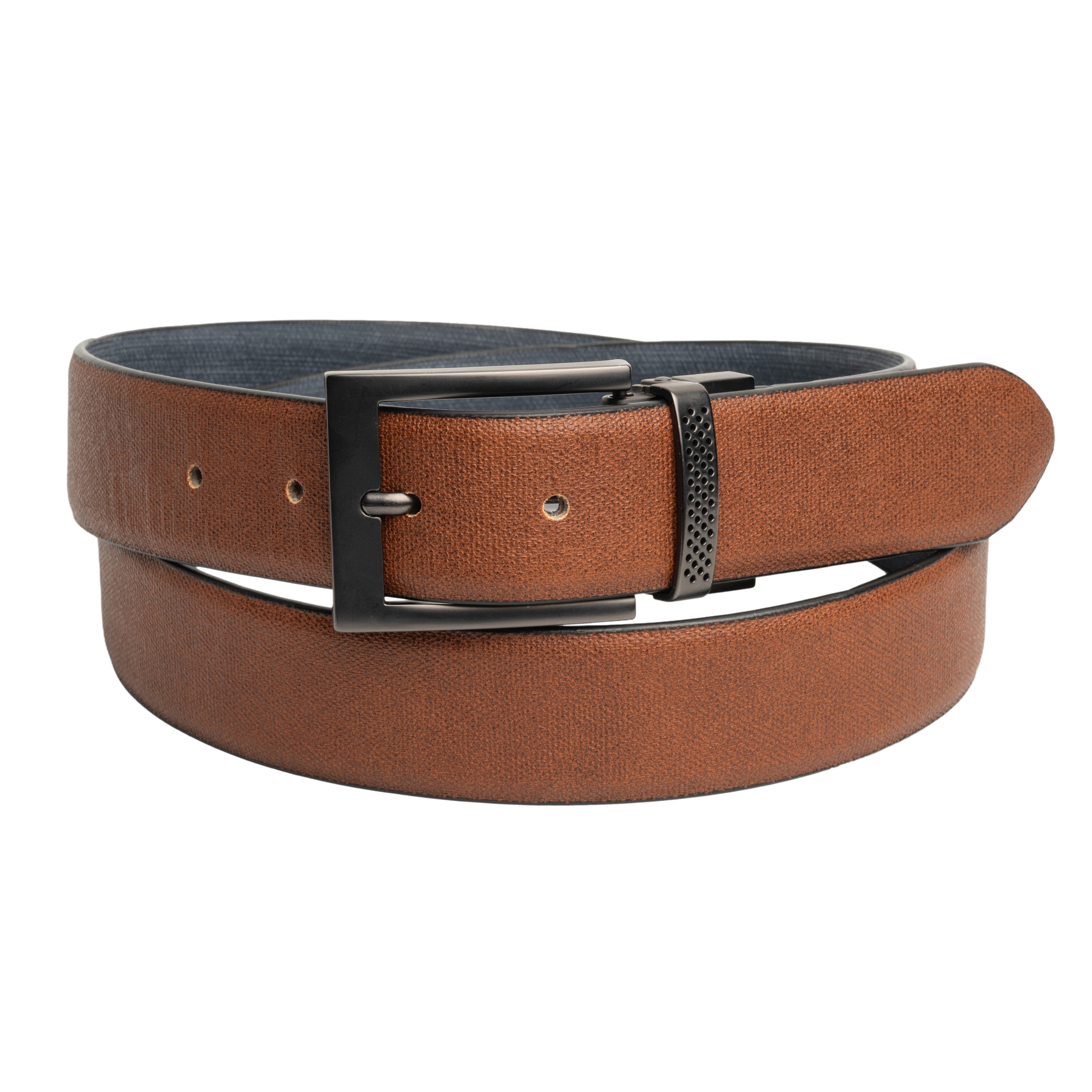 Brown belt with a silver buckle on a white background
