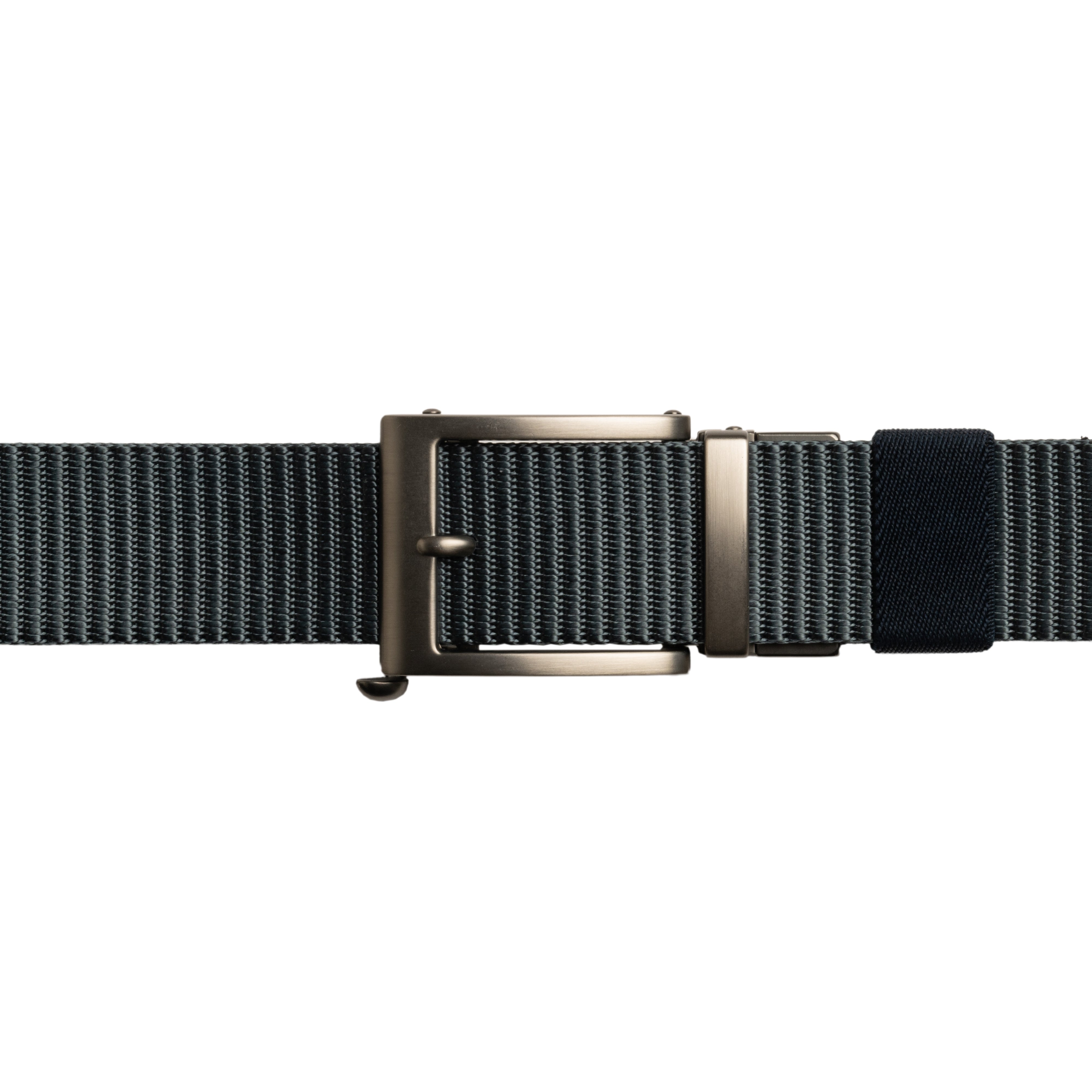 Black woven belt with a silver buckle on a white background