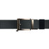 Black woven belt with a silver buckle on a white background