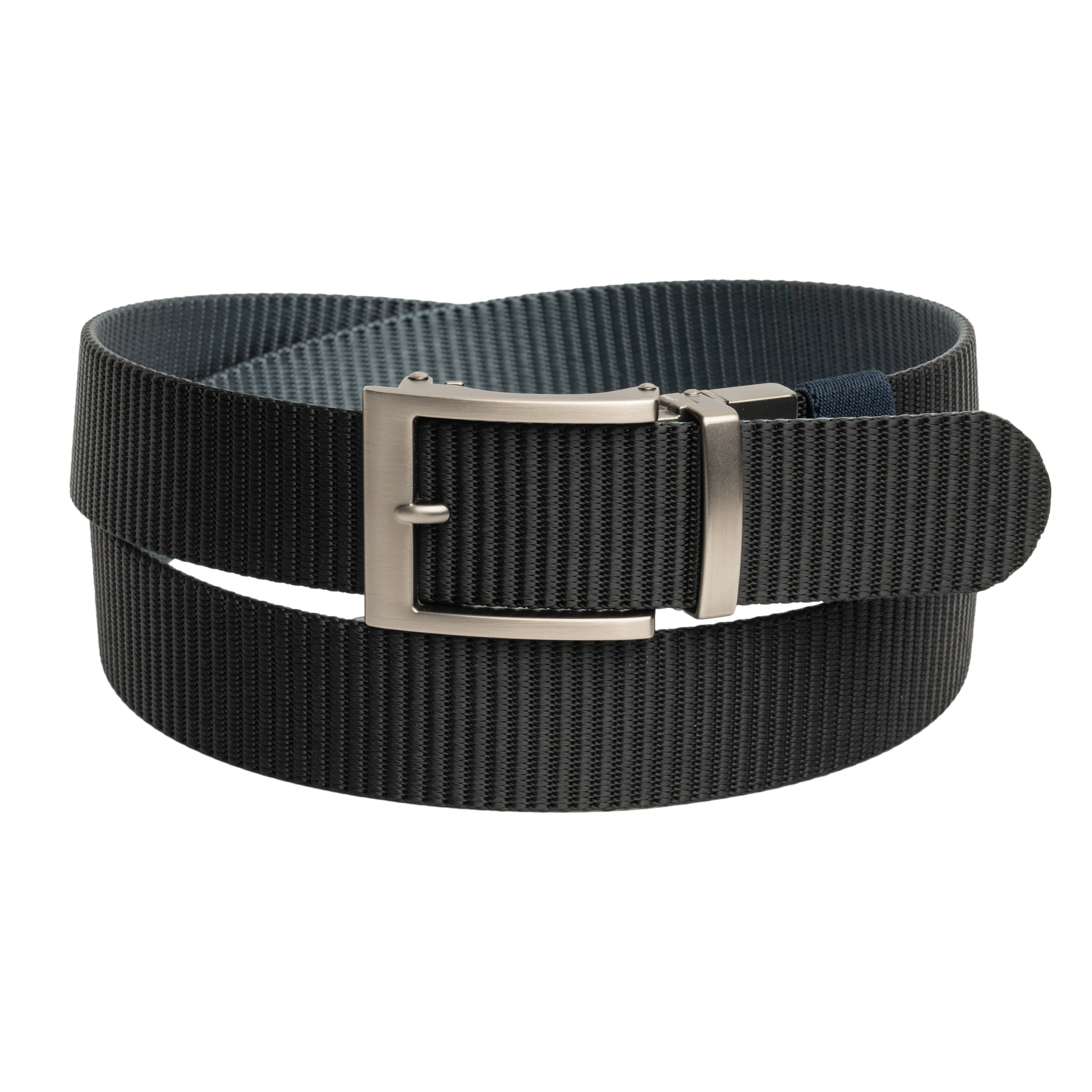 Black belt with a silver buckle on a white background