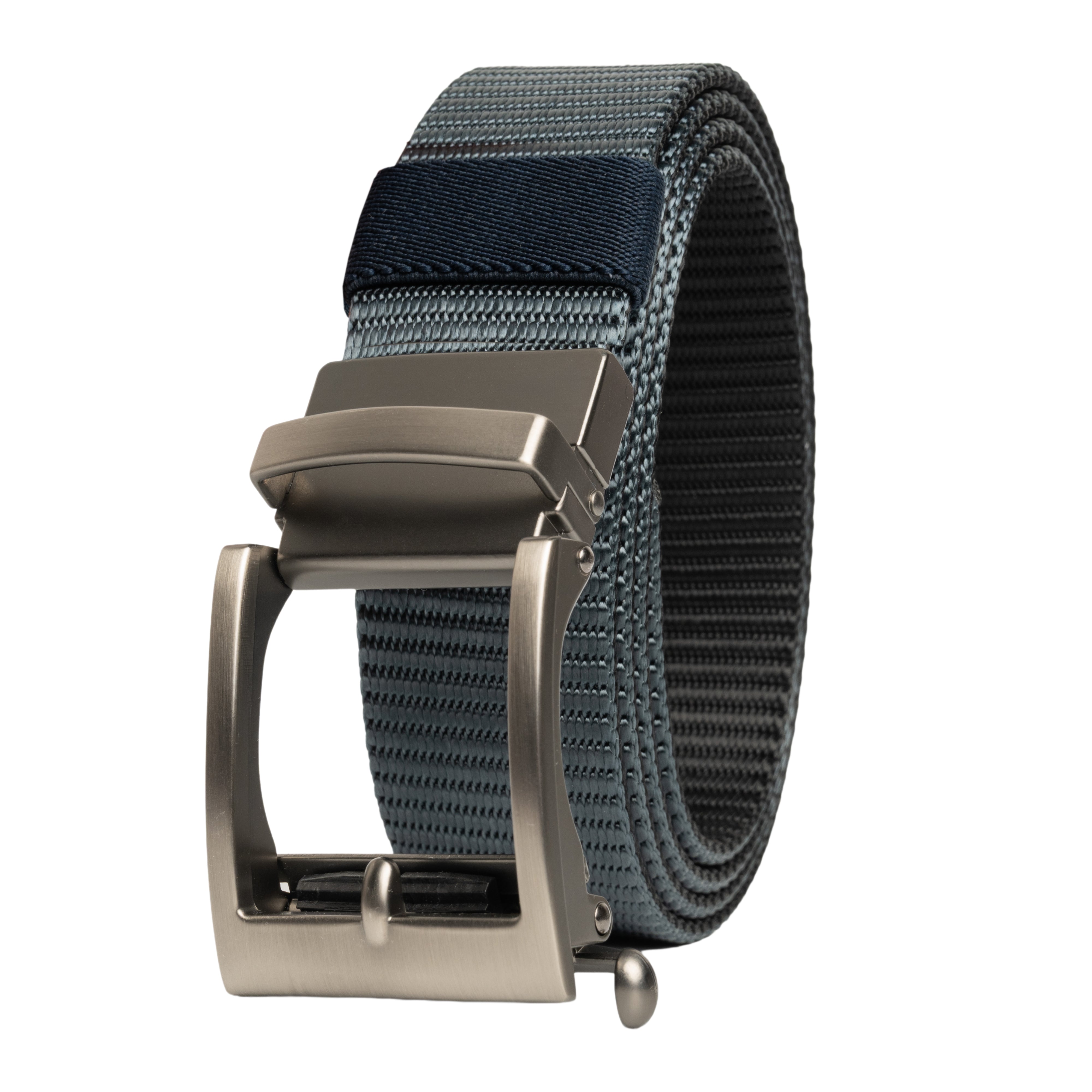 Nylon belt with a silver buckle on a white background