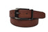 A brown textured leather belt with a black metal buckle, coiled on a plain white studio background.