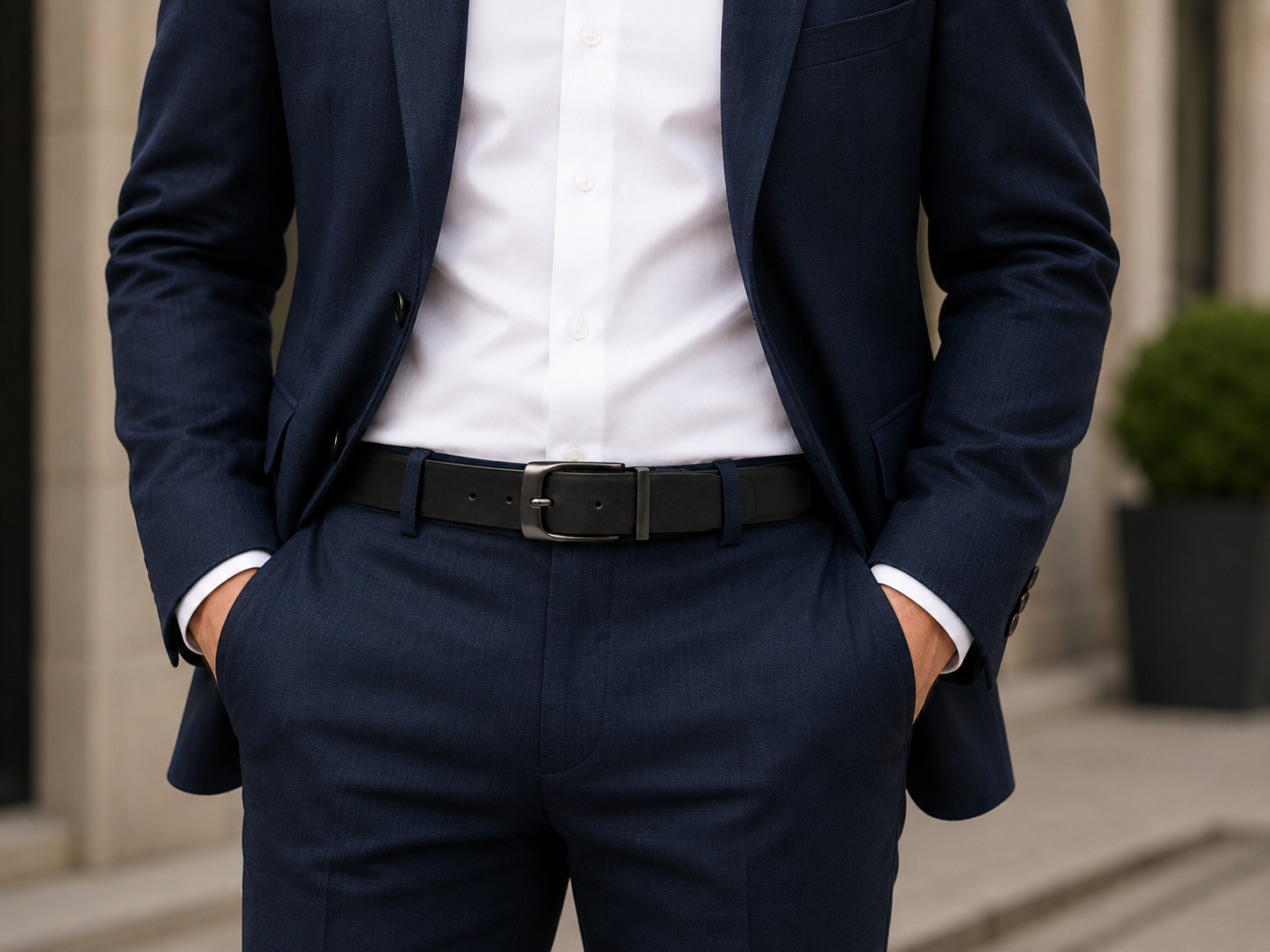 A man wearing a navy blue suit with a white dress shirt and a black leather belt, standing outdoors with his hands in his pockets.