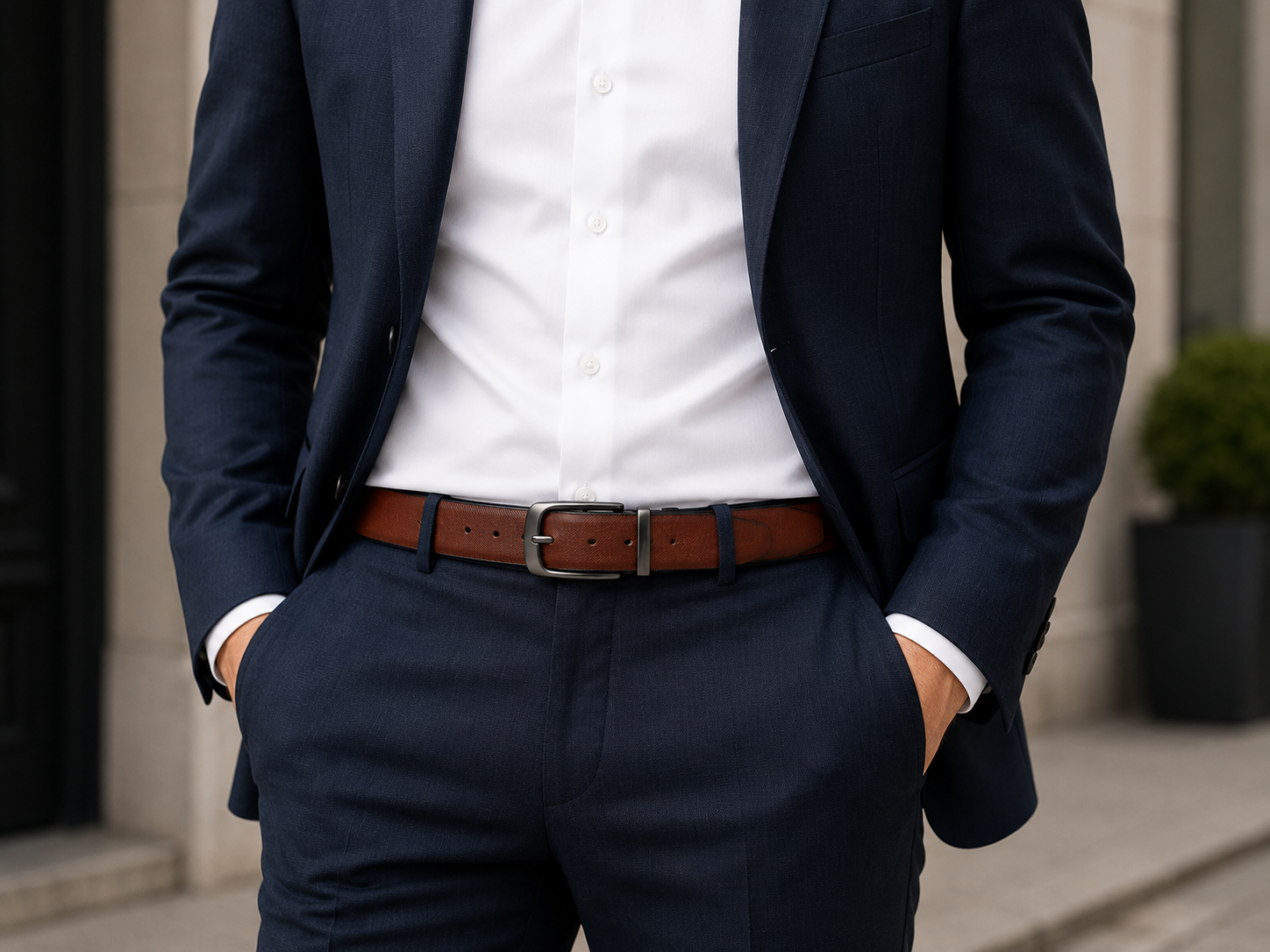 A man wearing a navy blue suit with a white dress shirt and a brown leather belt, standing outdoors with his hands in his pockets.