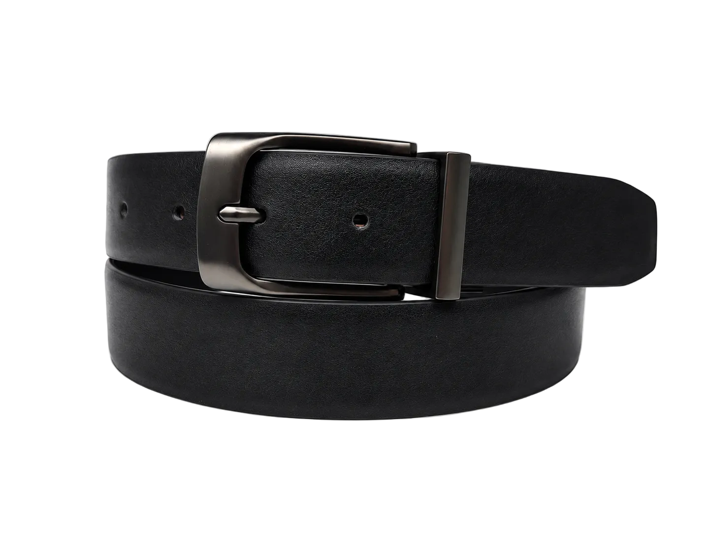 A black leather belt with a dark gunmetal metal buckle, neatly coiled on a solid white background.