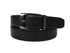 A black leather belt with a dark gunmetal metal buckle, neatly coiled on a solid white background.