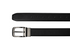 A black leather belt with a gun metal buckle, shown in a flat-lay composition on a clean white background.