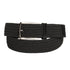 Black woven belt with a silver buckle on a white background