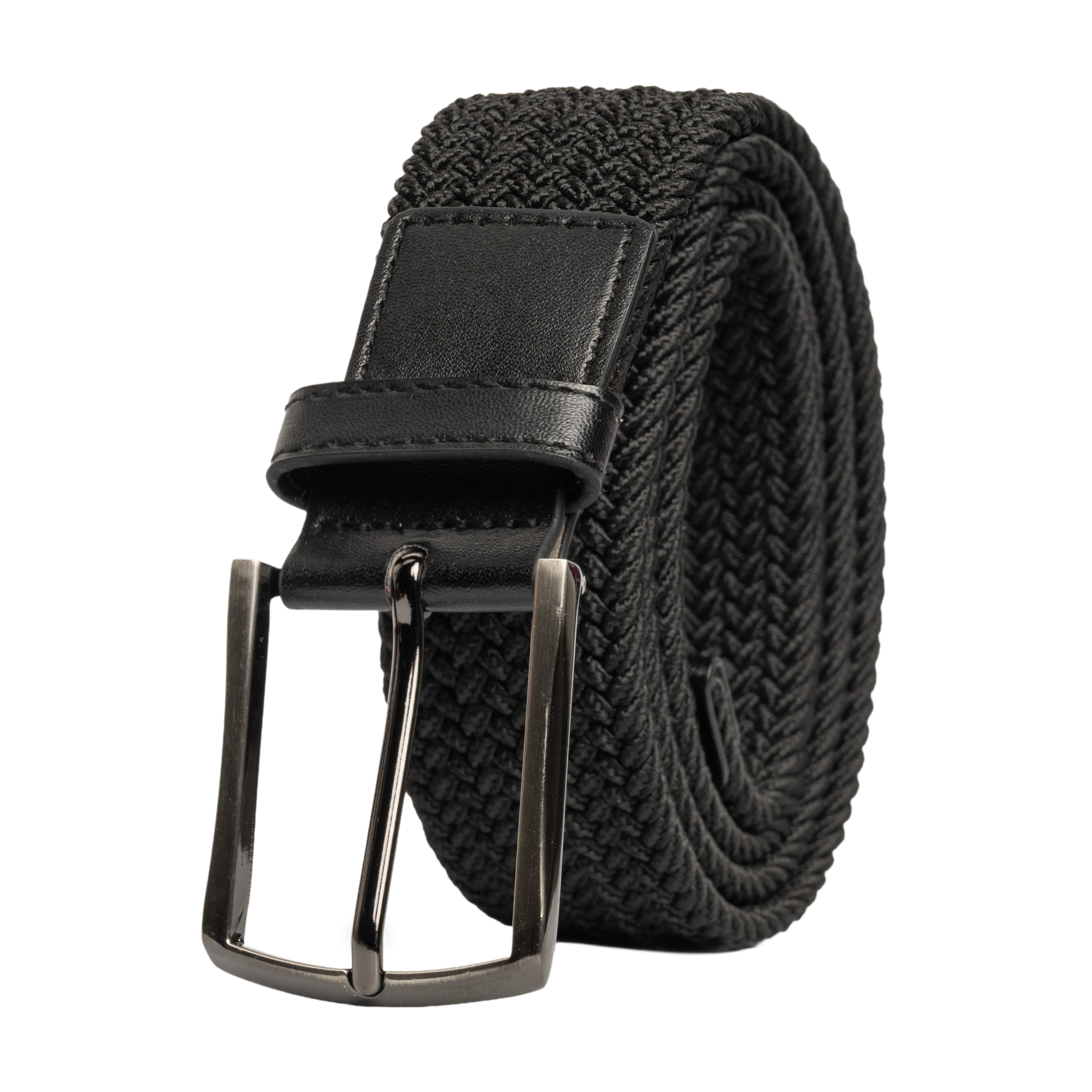 Black woven belt with a silver buckle on a white background