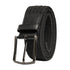 Black woven belt with a silver buckle on a white background