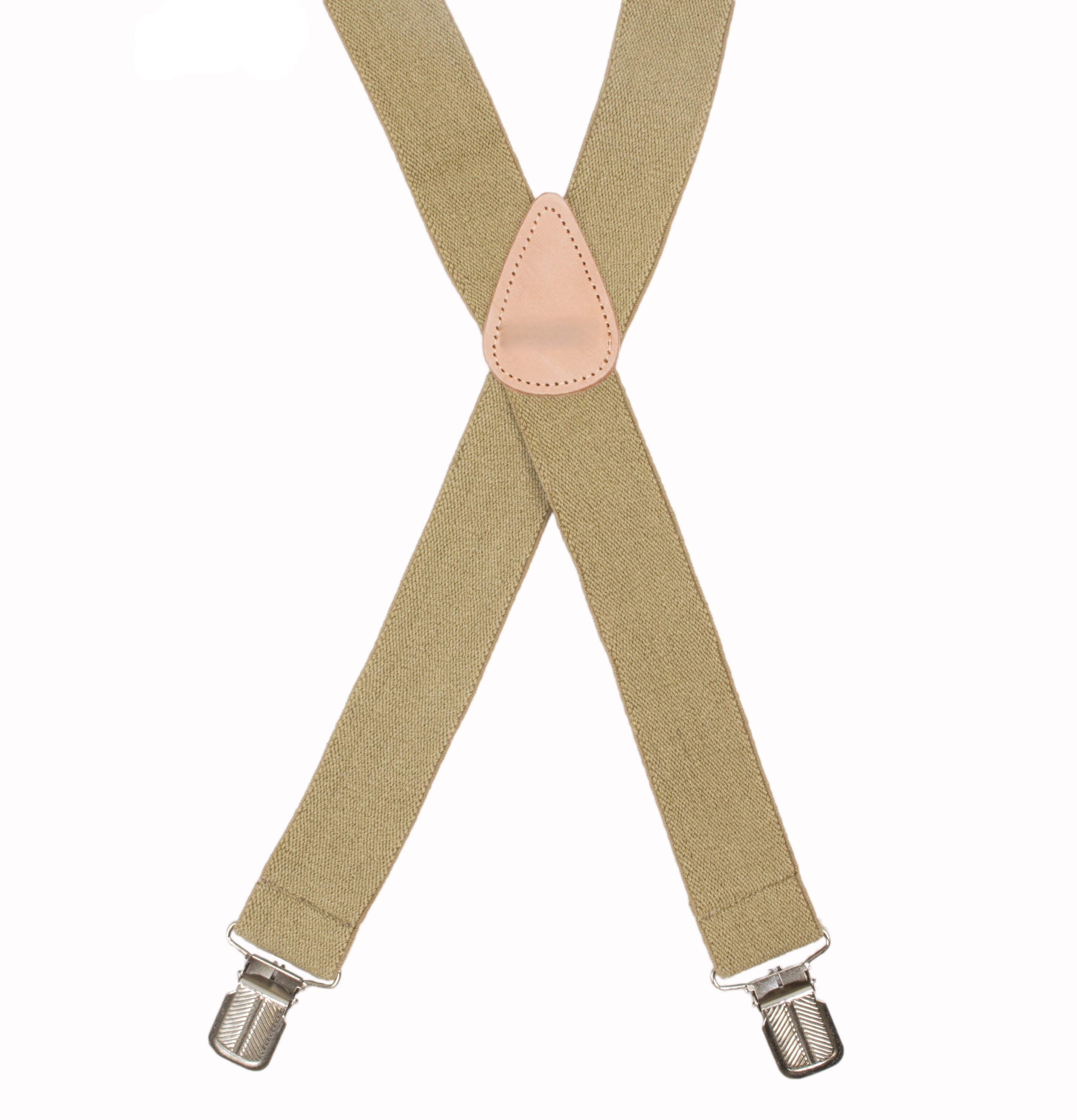 Tan suspenders with pink leather strap on a white background