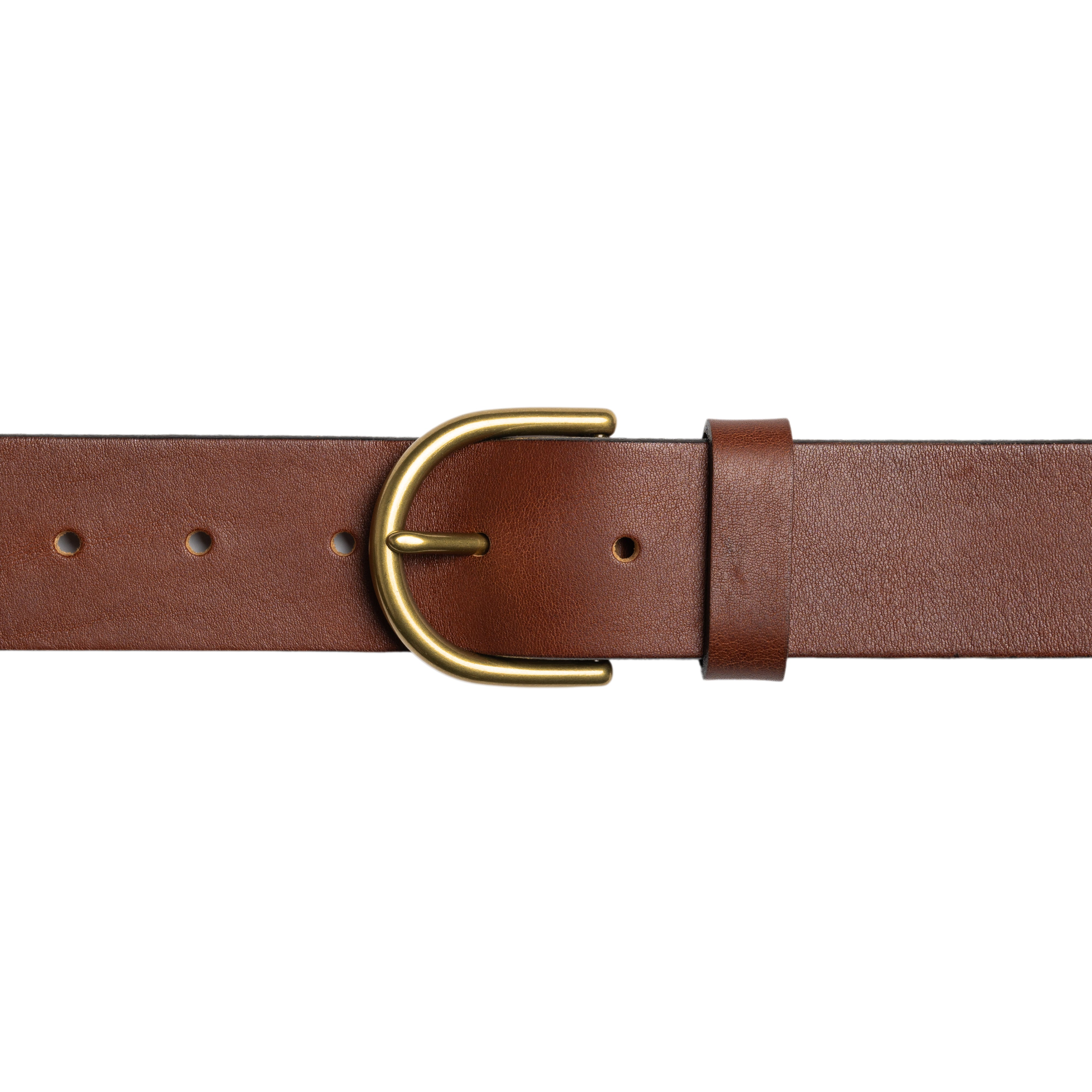 Brown leather belt with a gold buckle on a white background