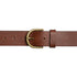 Brown leather belt with a gold buckle on a white background