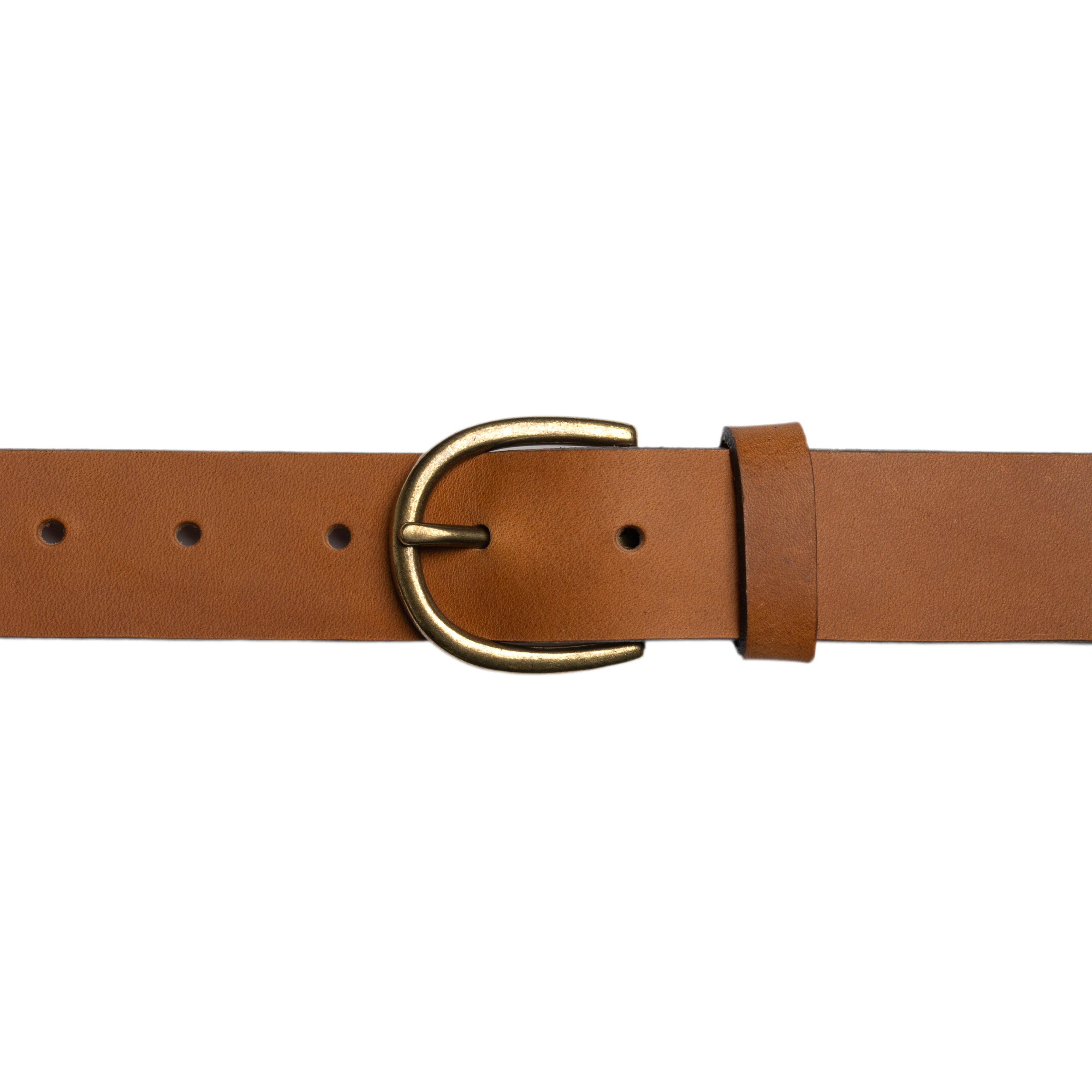 Brown leather belt with a gold buckle on a white background