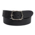 Black leather belt with a silver buckle on a white background