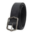 Black leather belt with a silver buckle on a white background