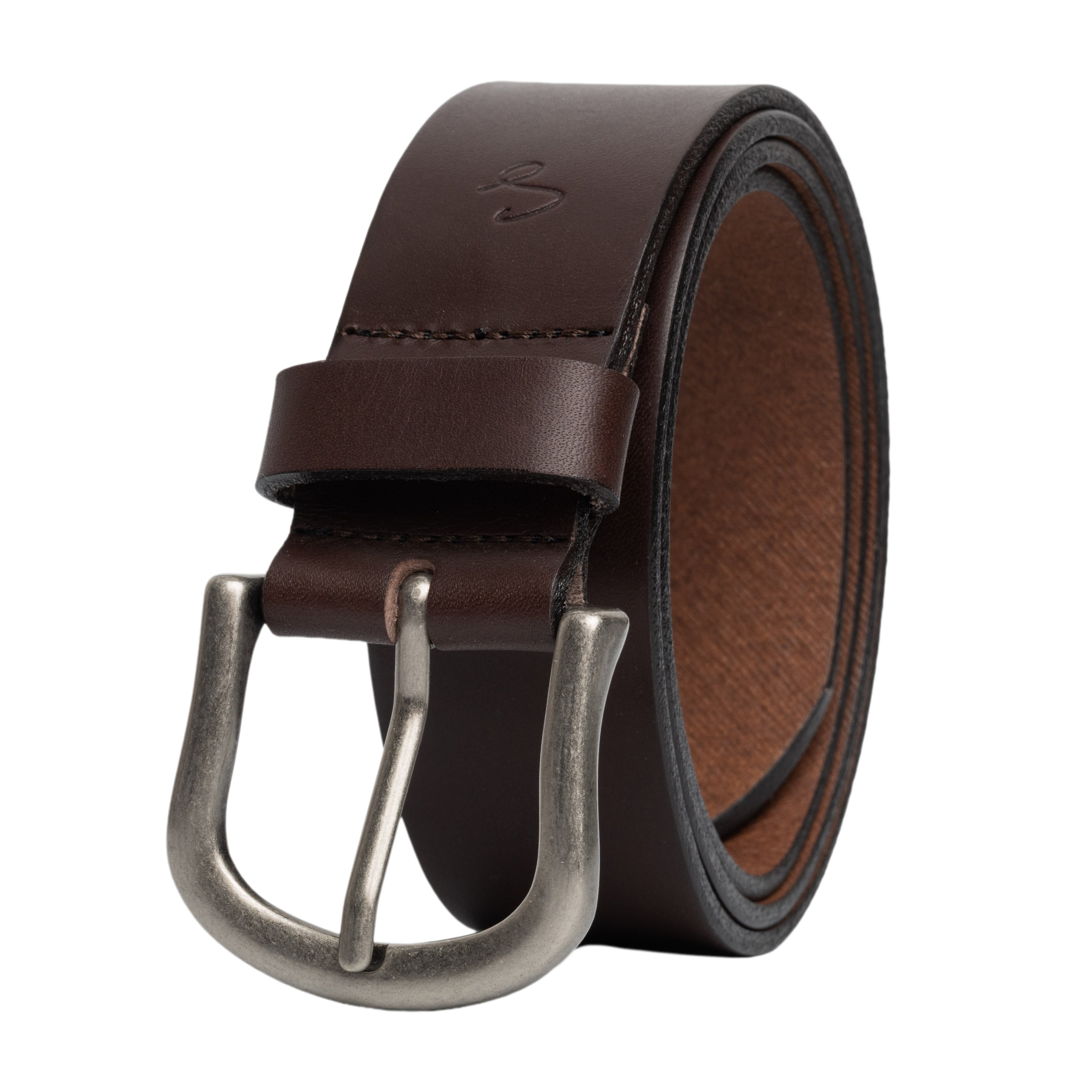 Brown leather belt with silver buckle on a white background
