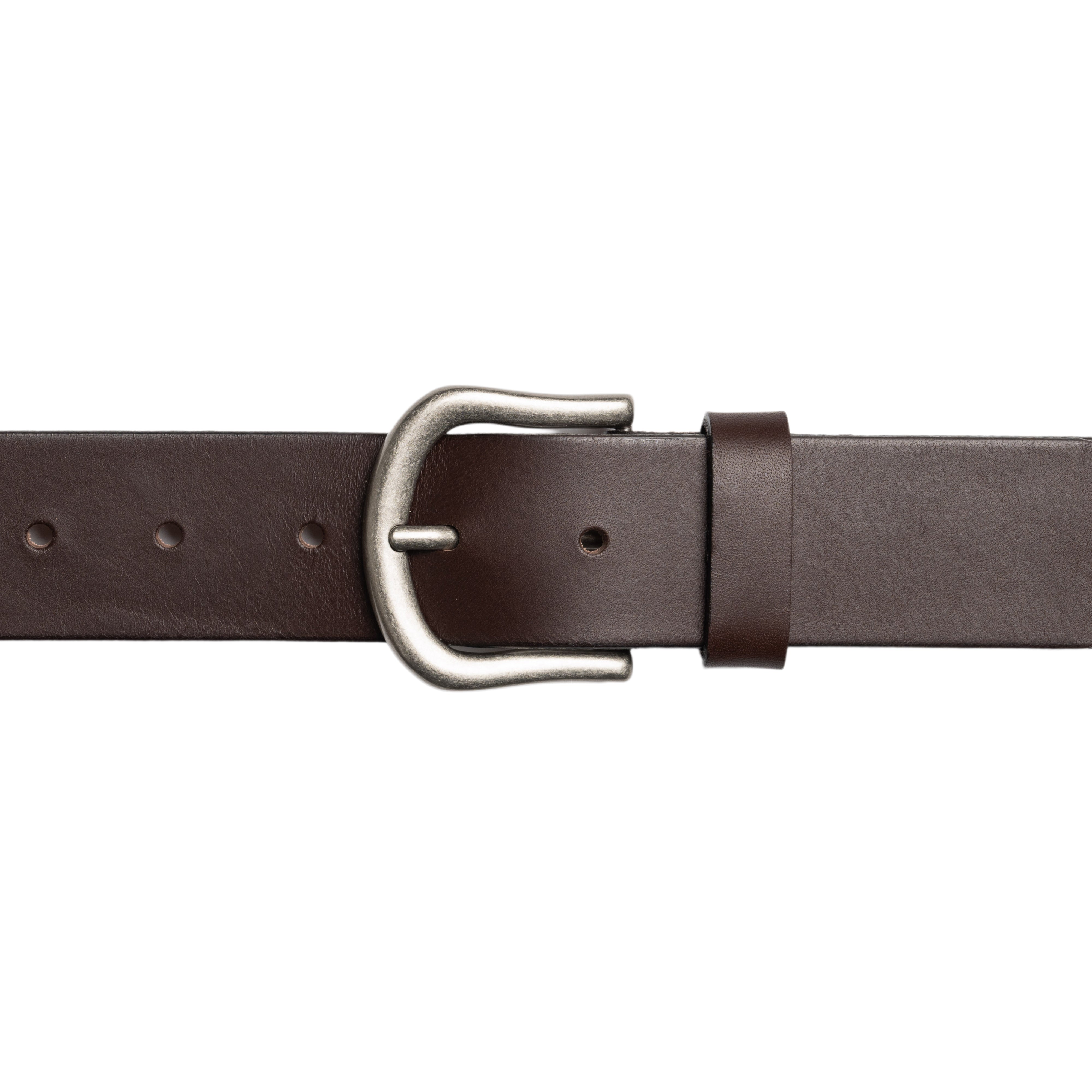 Brown leather belt with a silver buckle on a white background