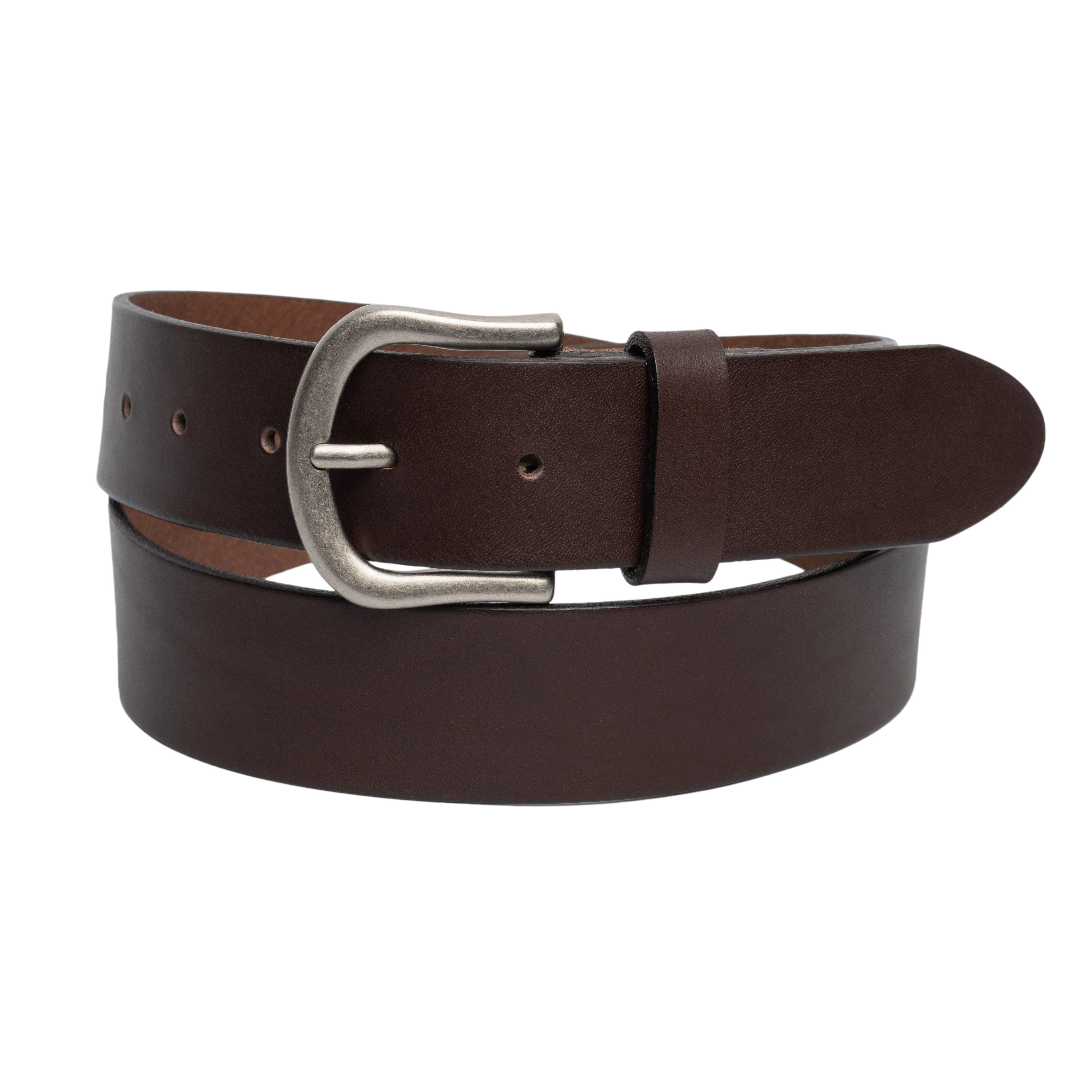 Brown leather belt with a silver buckle on a white background