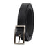 Black leather belt with a silver buckle on a white background