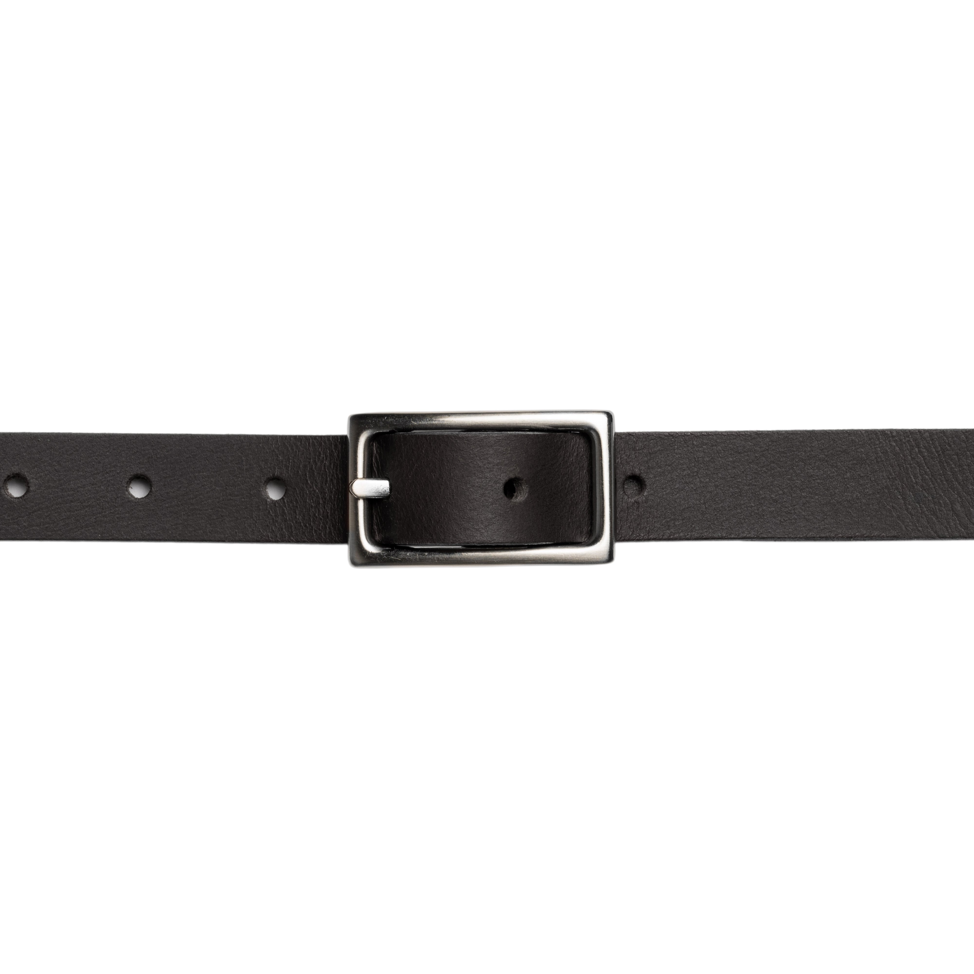 Black leather belt with a silver buckle on a white background