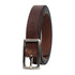 Brown leather belt with a silver buckle on a white background