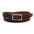 Brown leather belt with a silver buckle on a white background