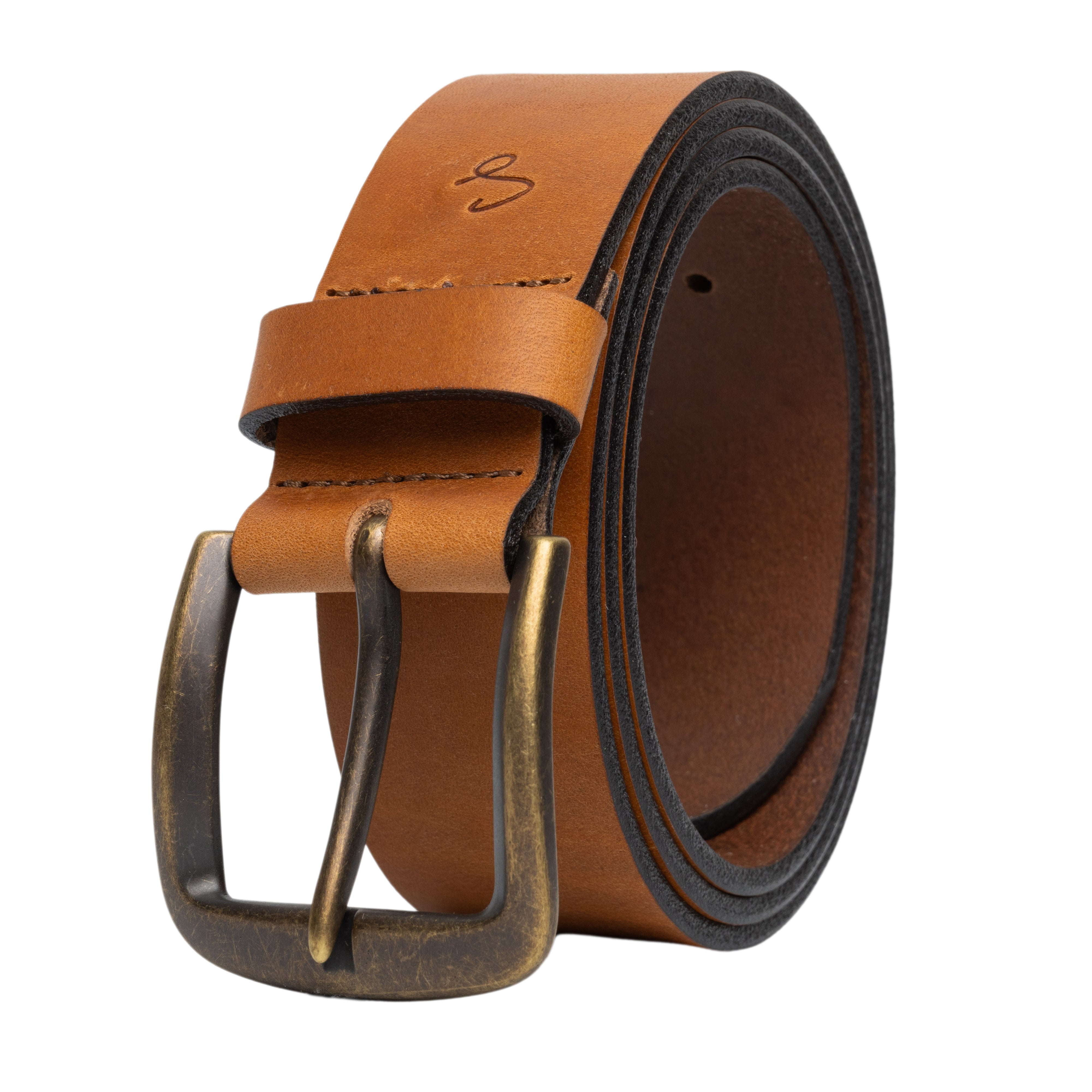 Brown leather belt with a brass buckle on a white background