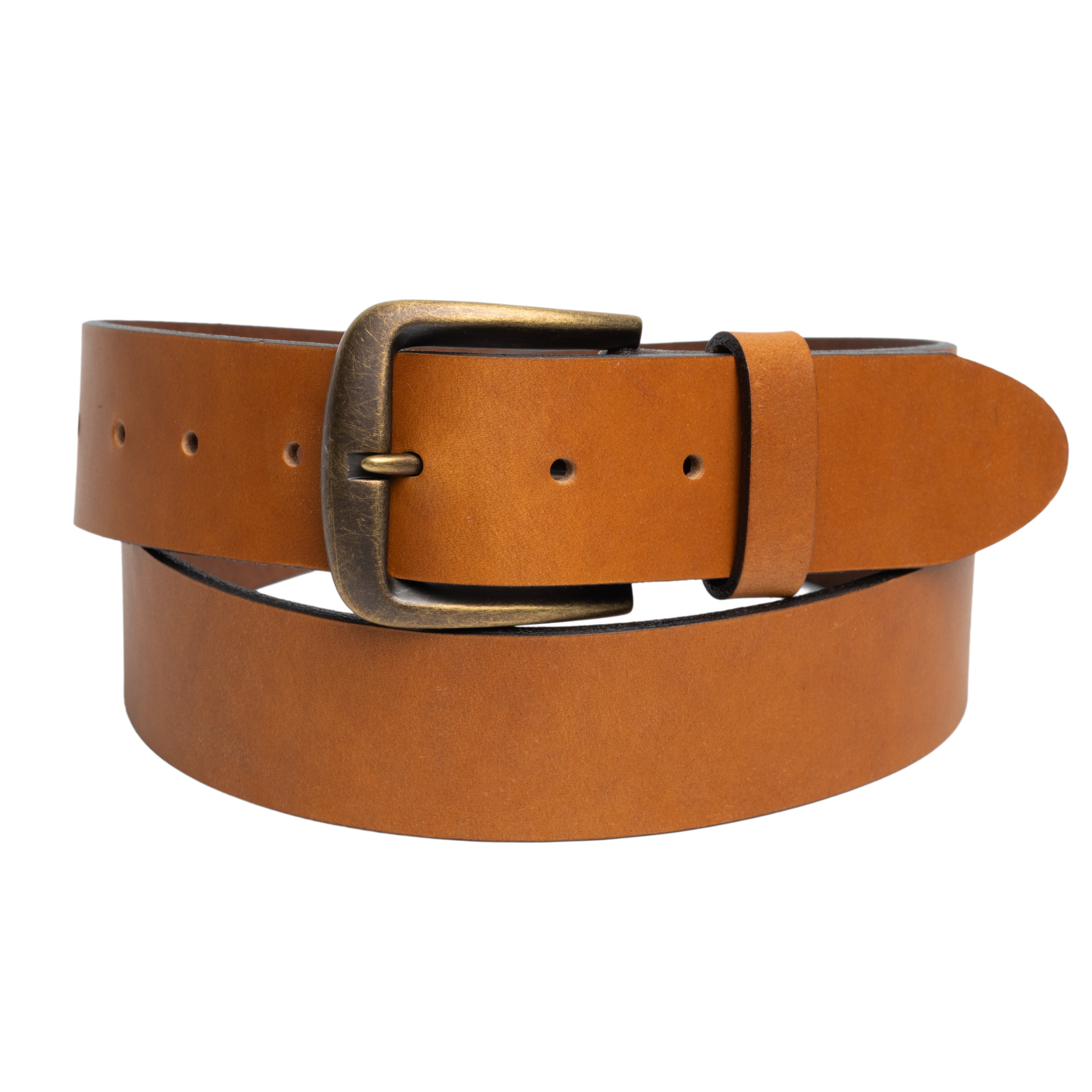 Brown leather belt with a brass buckle on a white background