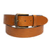 Brown leather belt with a brass buckle on a white background