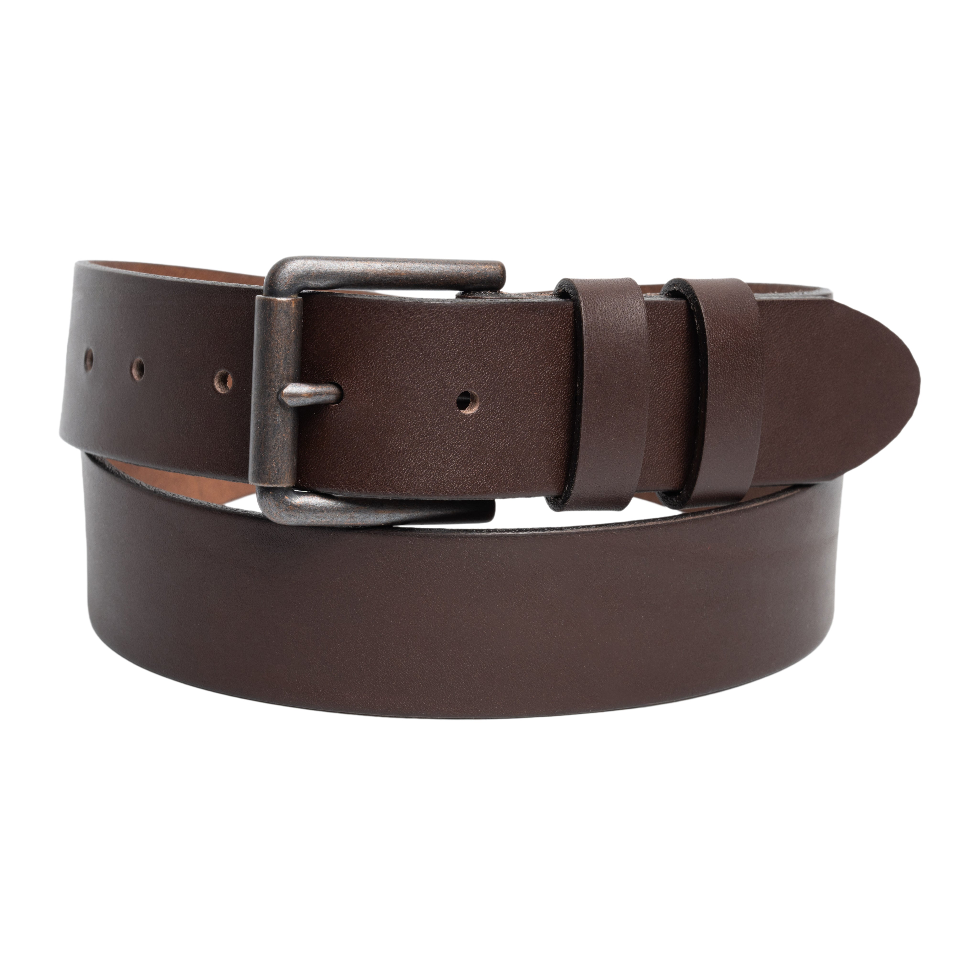 Brown leather belt with a silver buckle on a white background
