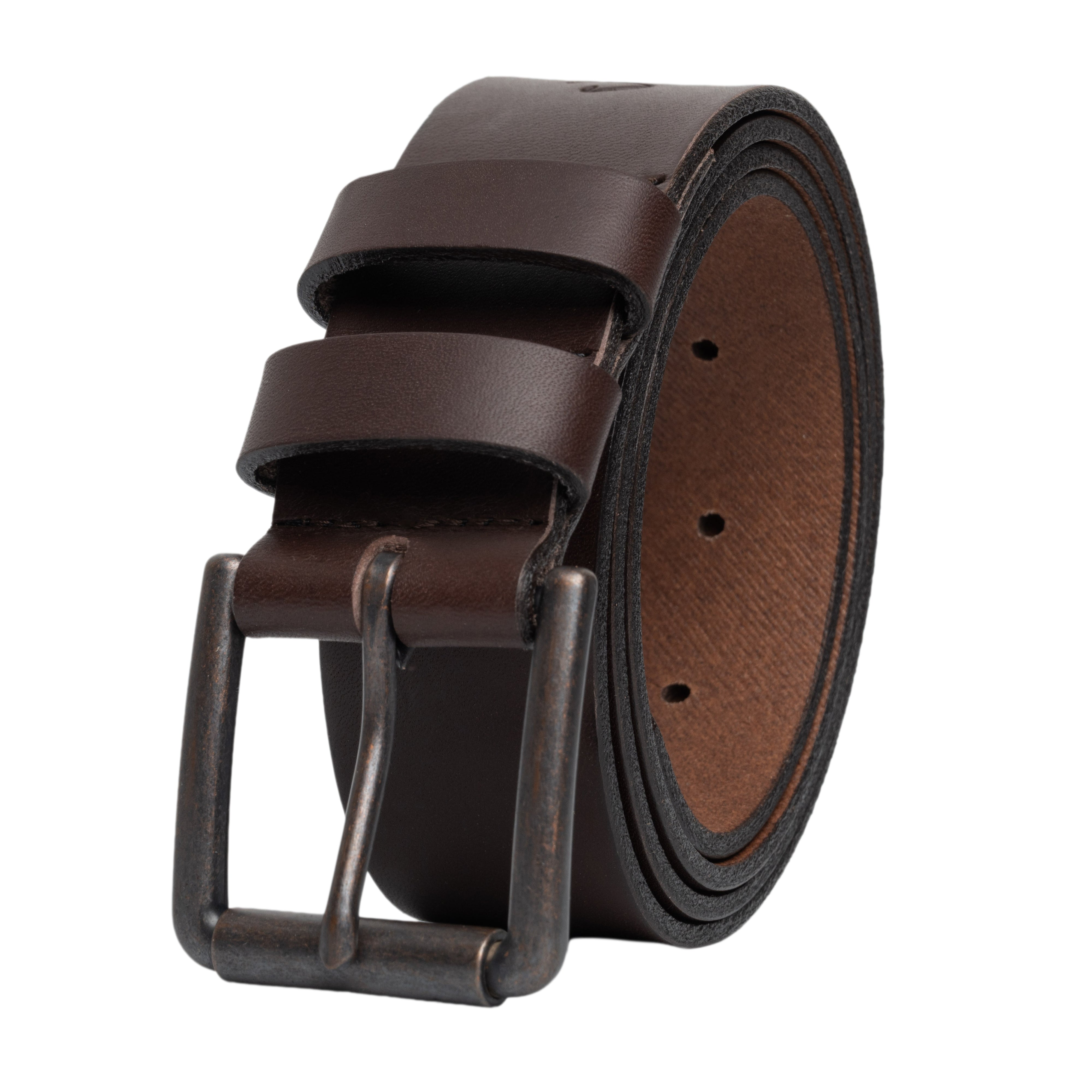Brown leather belt with a metal buckle on a white background