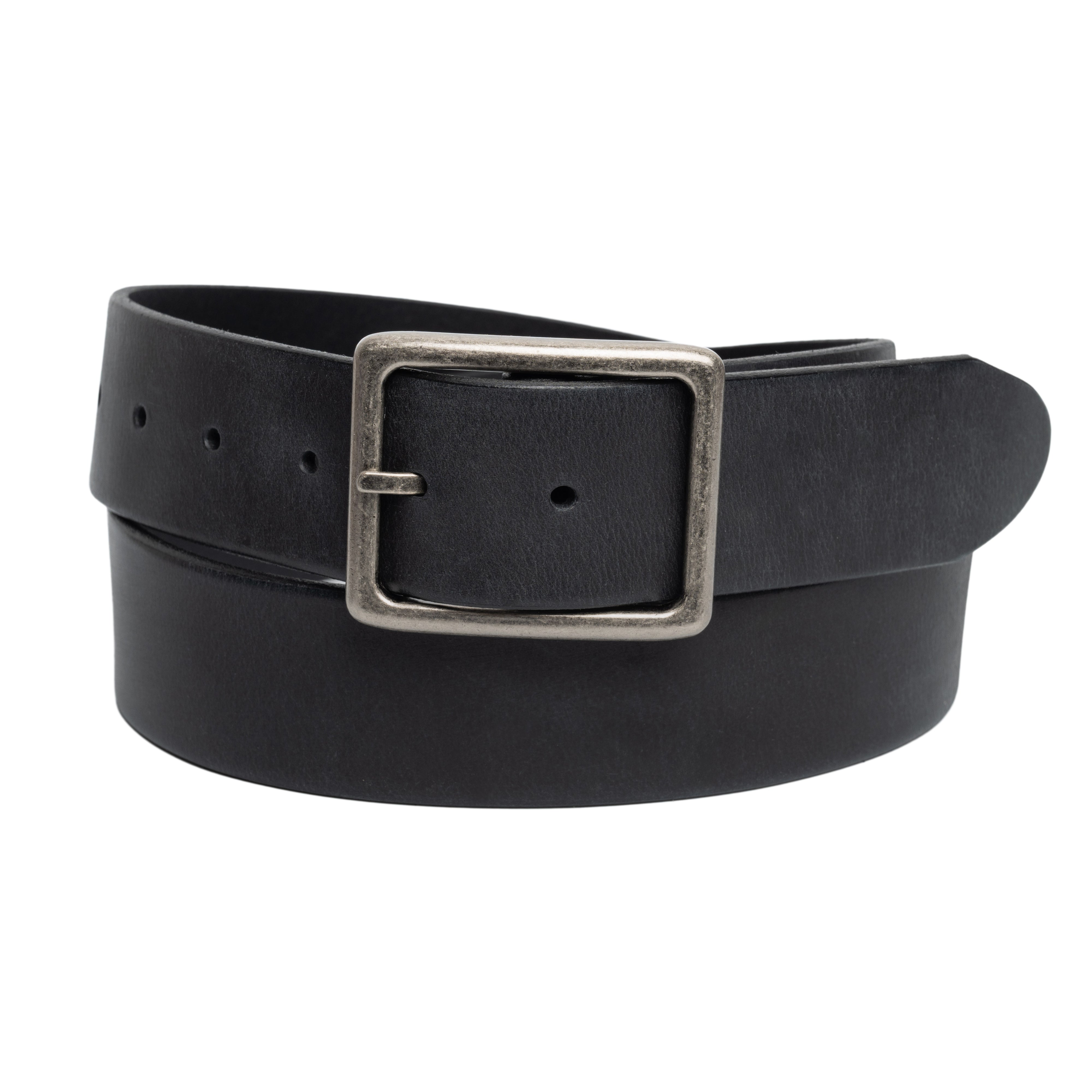 Black leather belt with a silver buckle on a white background