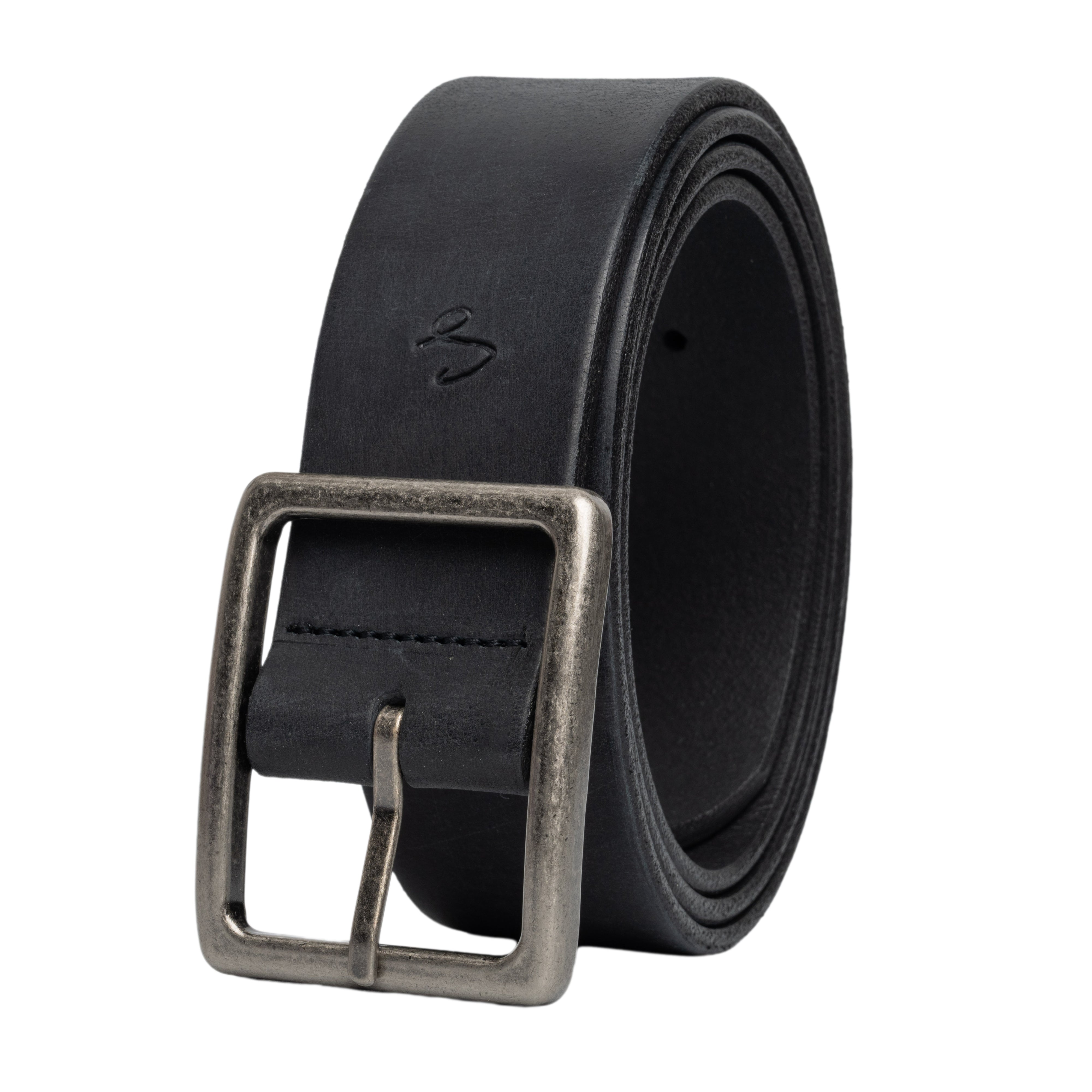 Black leather belt with a silver buckle on a white background