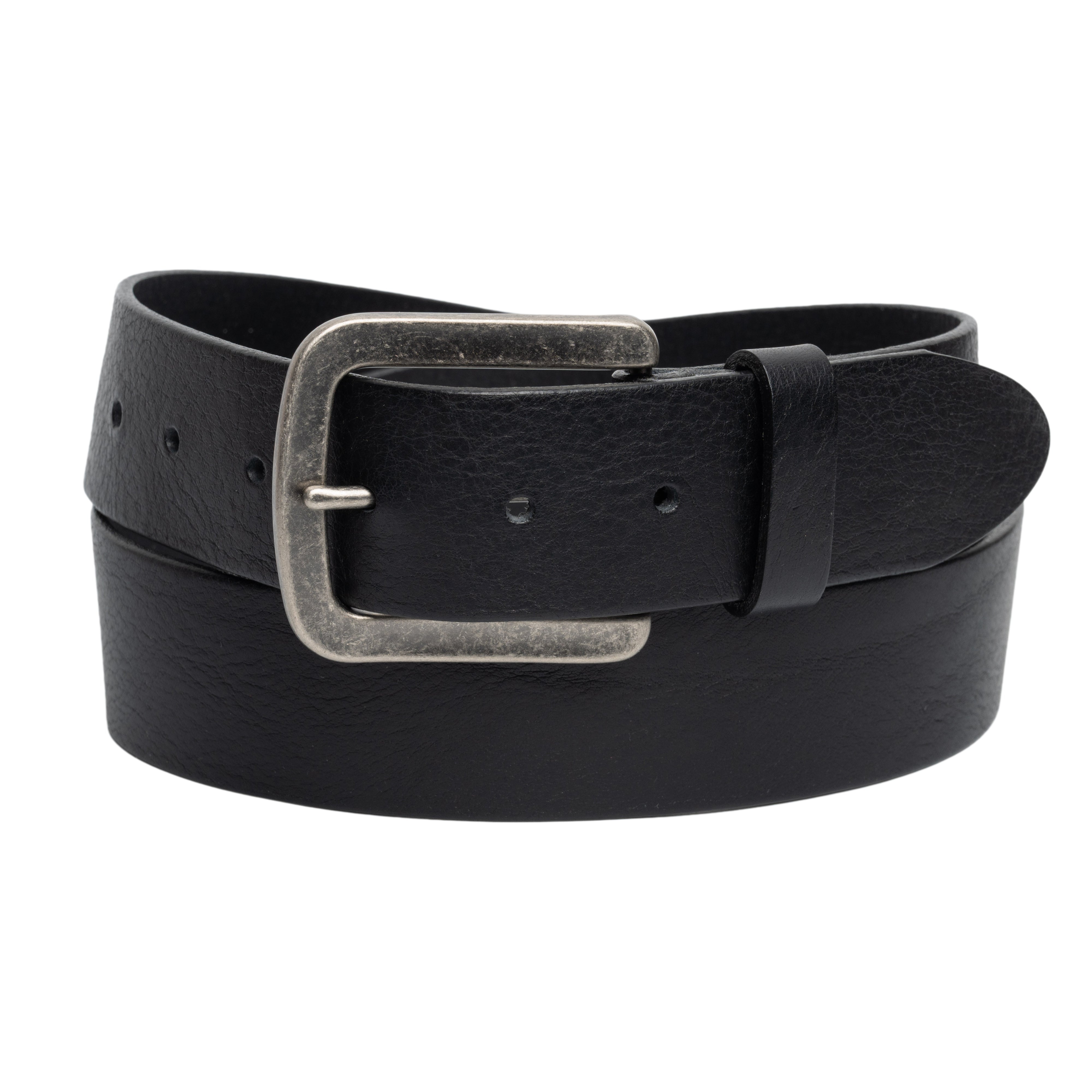 Black leather belt with a silver buckle on a white background