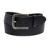 Black leather belt with a silver buckle on a white background