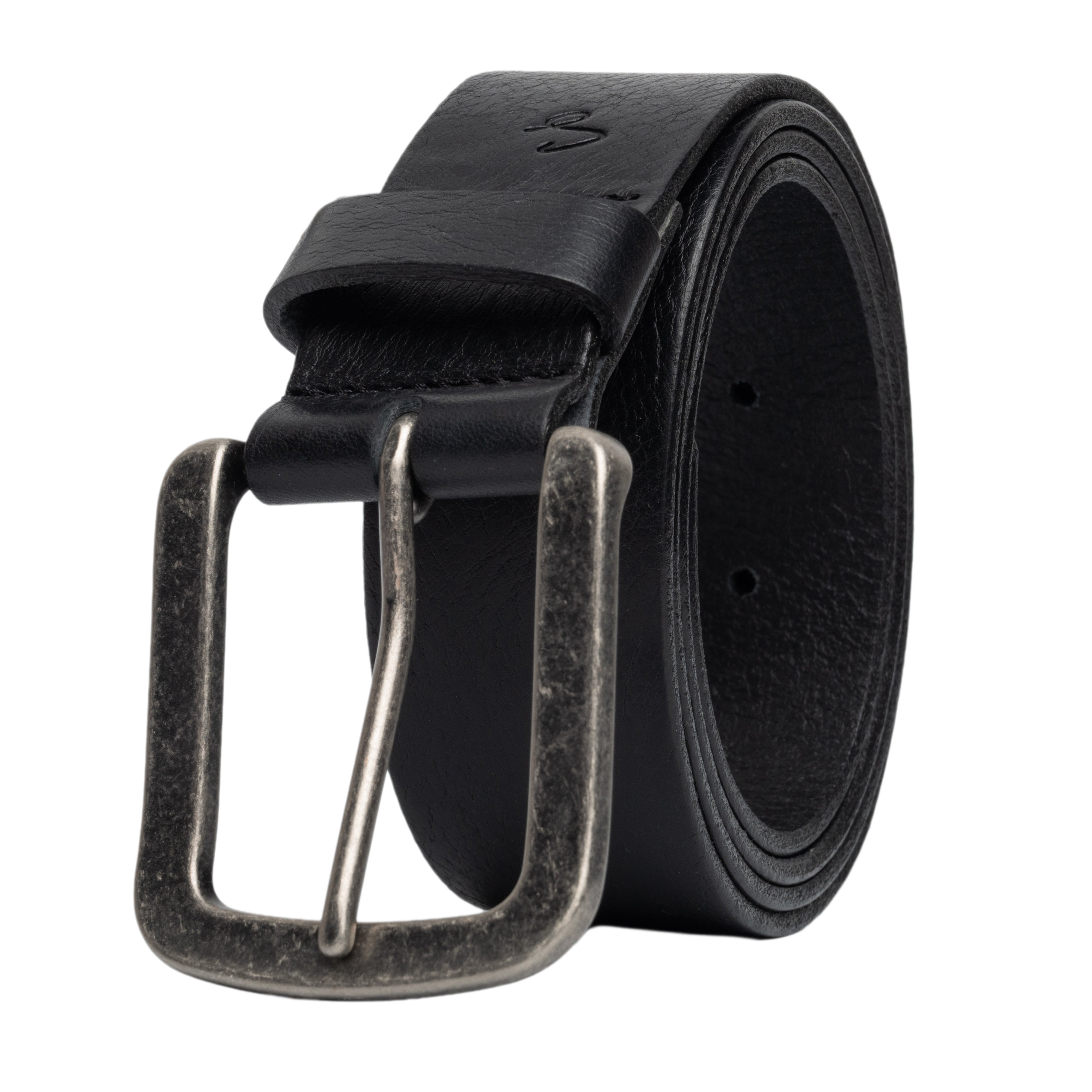 Black leather belt with a silver buckle on a white background